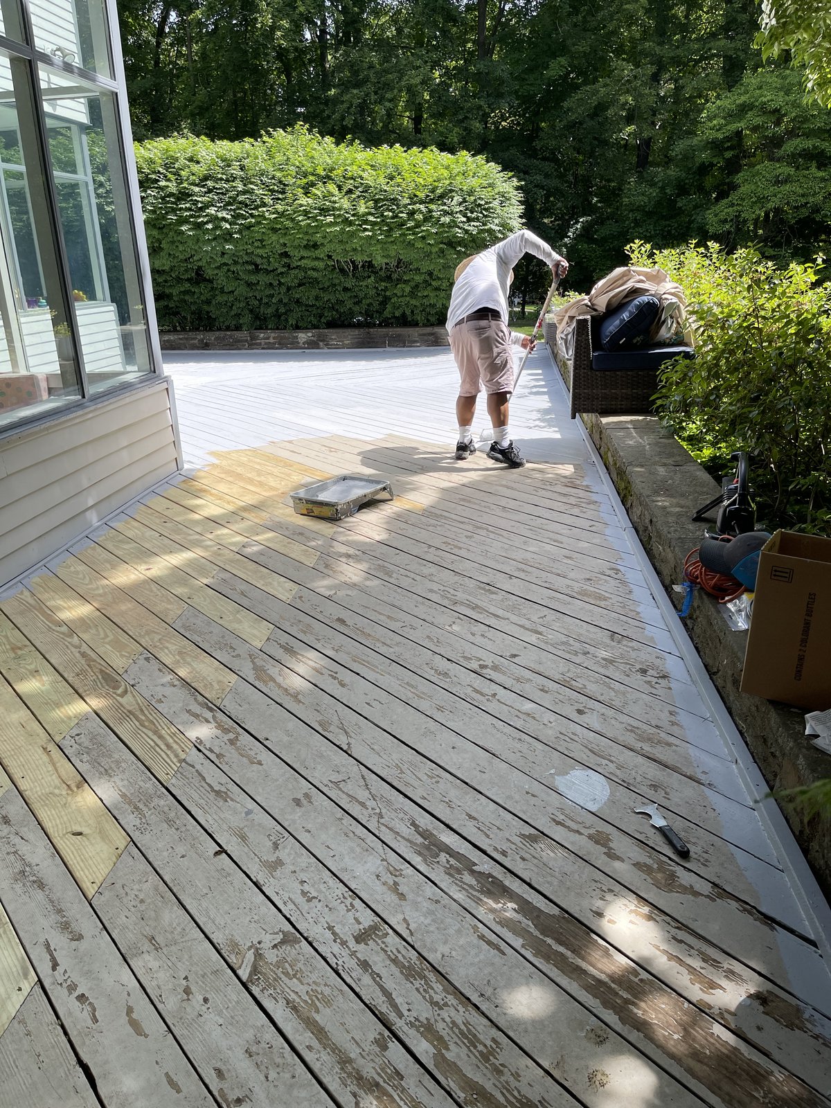 Deck staining project in progress, before finish applied, by L&J Painting Group