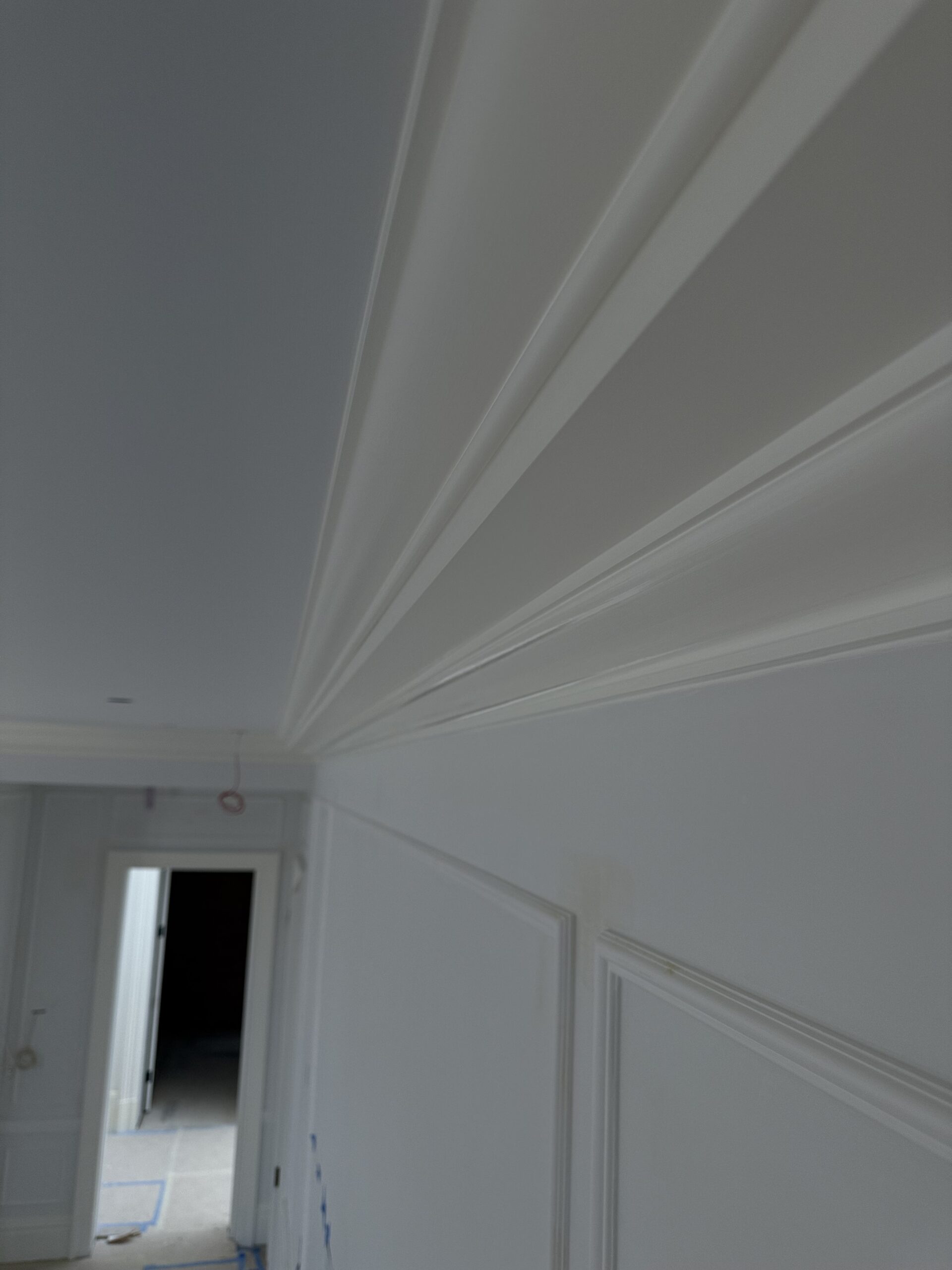Detail of hand-finished crown molding and wall paneling, finished by L&J Painting Group