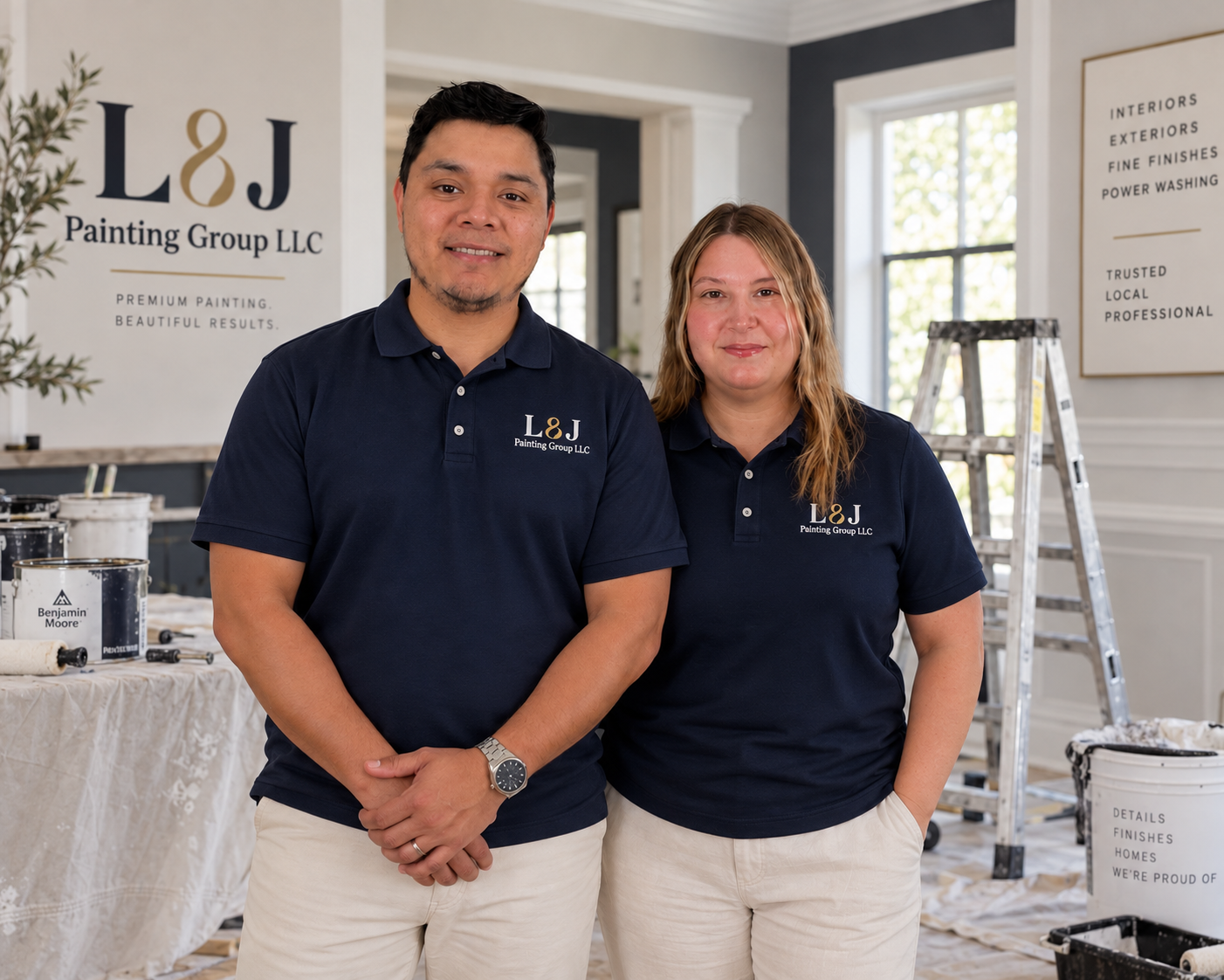 Luis and Jenna of L&J Painting Group LLC standing together in matching navy company polo shirts, with paint supplies and a ladder in the background.